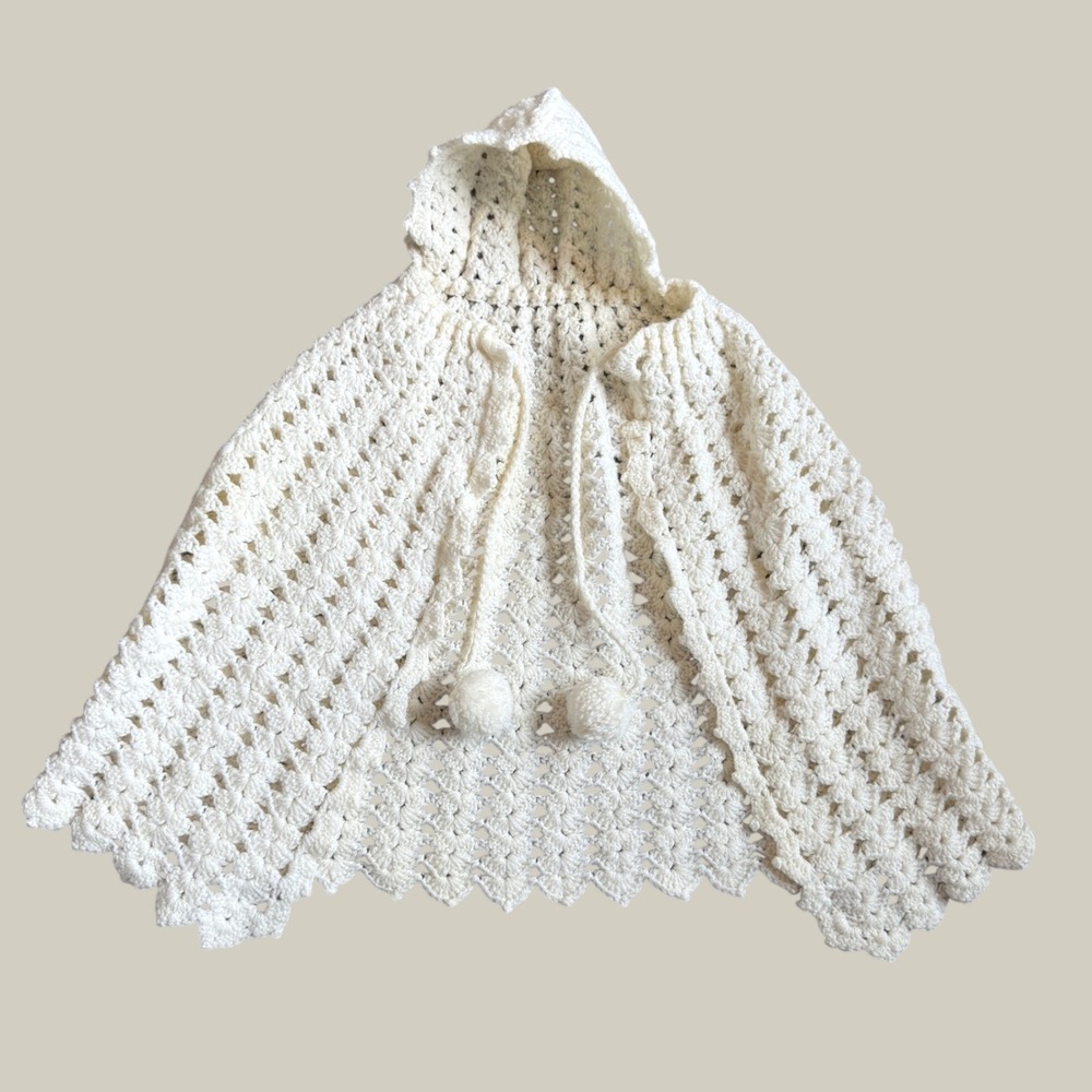 Vintage Handmade Crochet Baby Hooded Cape Cream Pom Pom Shell Stitch Poncho